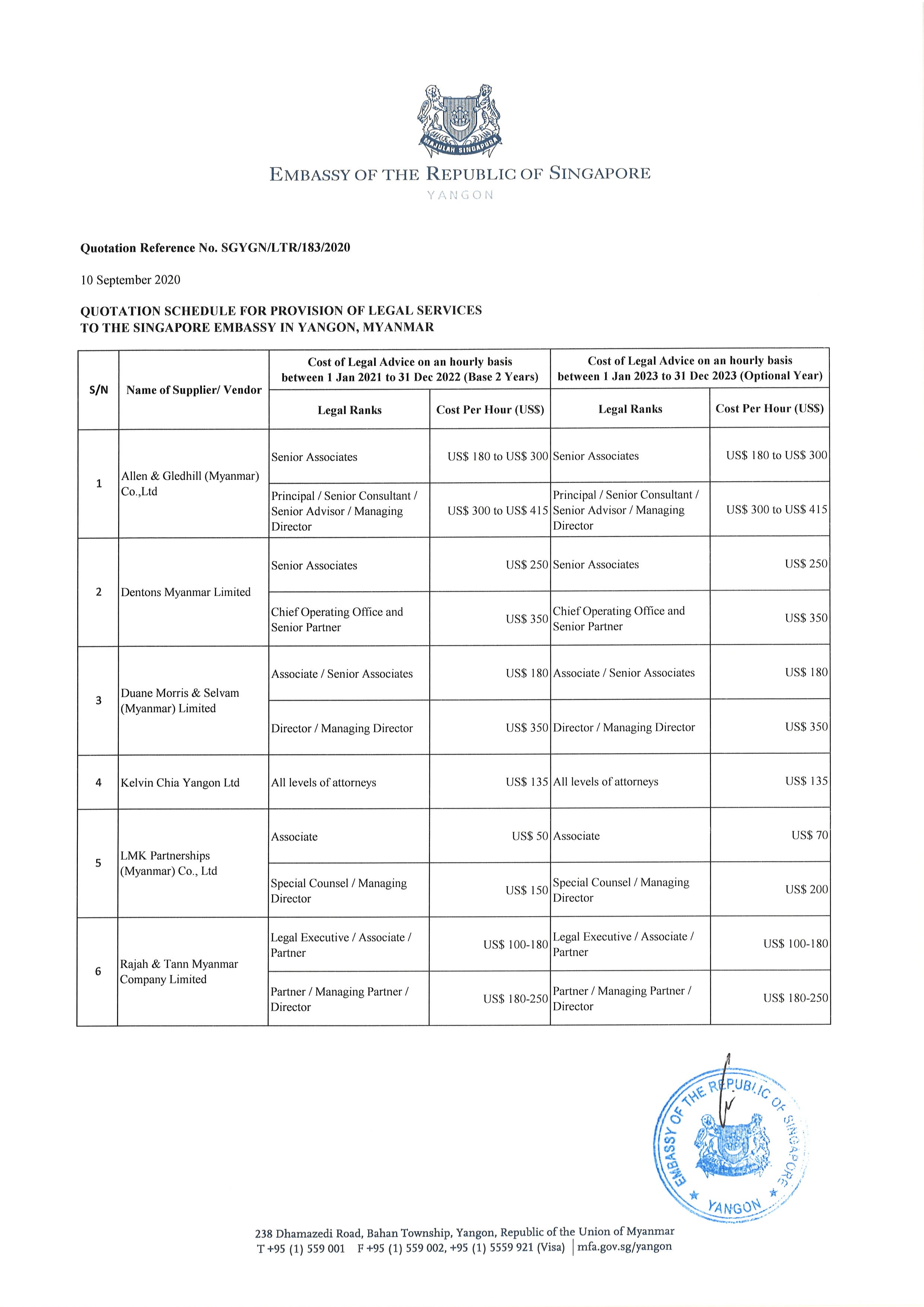 Table listing legal service quotations to Singapore Embassy from vendors, hourly rates for 2021-22 & 2023.